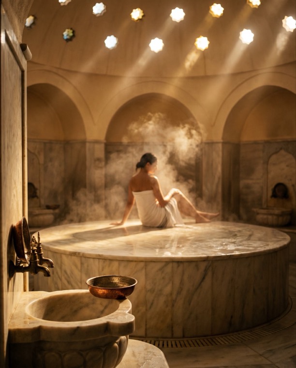 The hammam, lit like a film frame